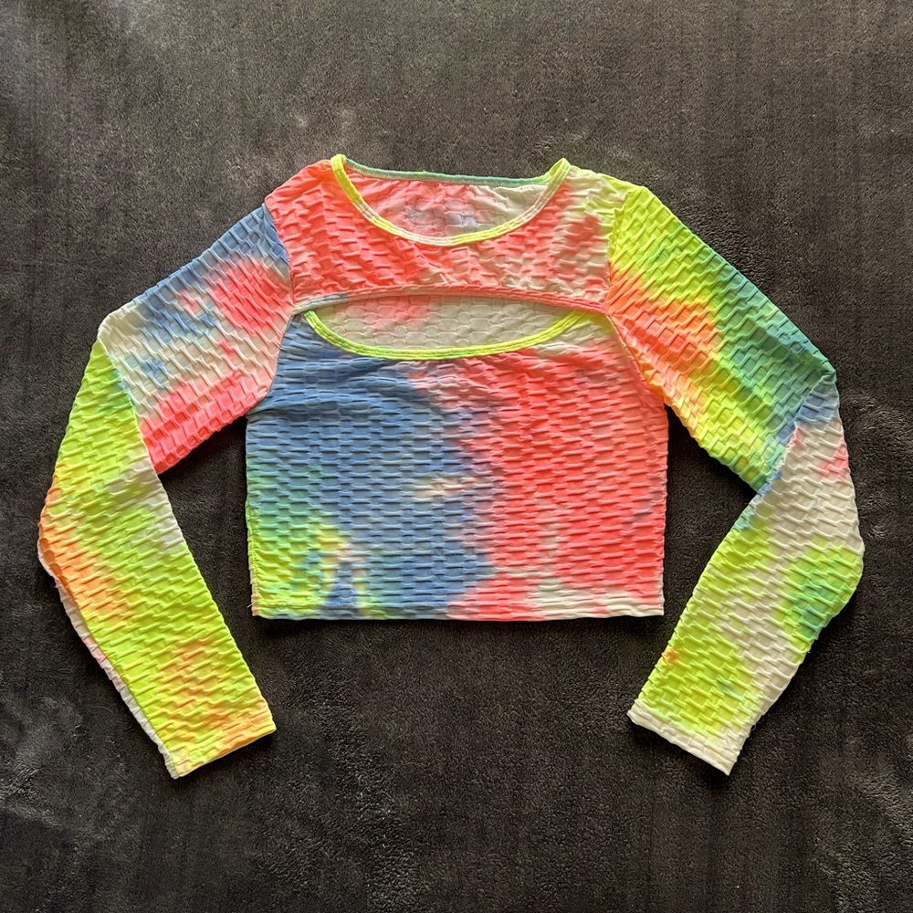 Colorful Tie-Dye Long Sleeve Crop Workout Top, AQ Sport.